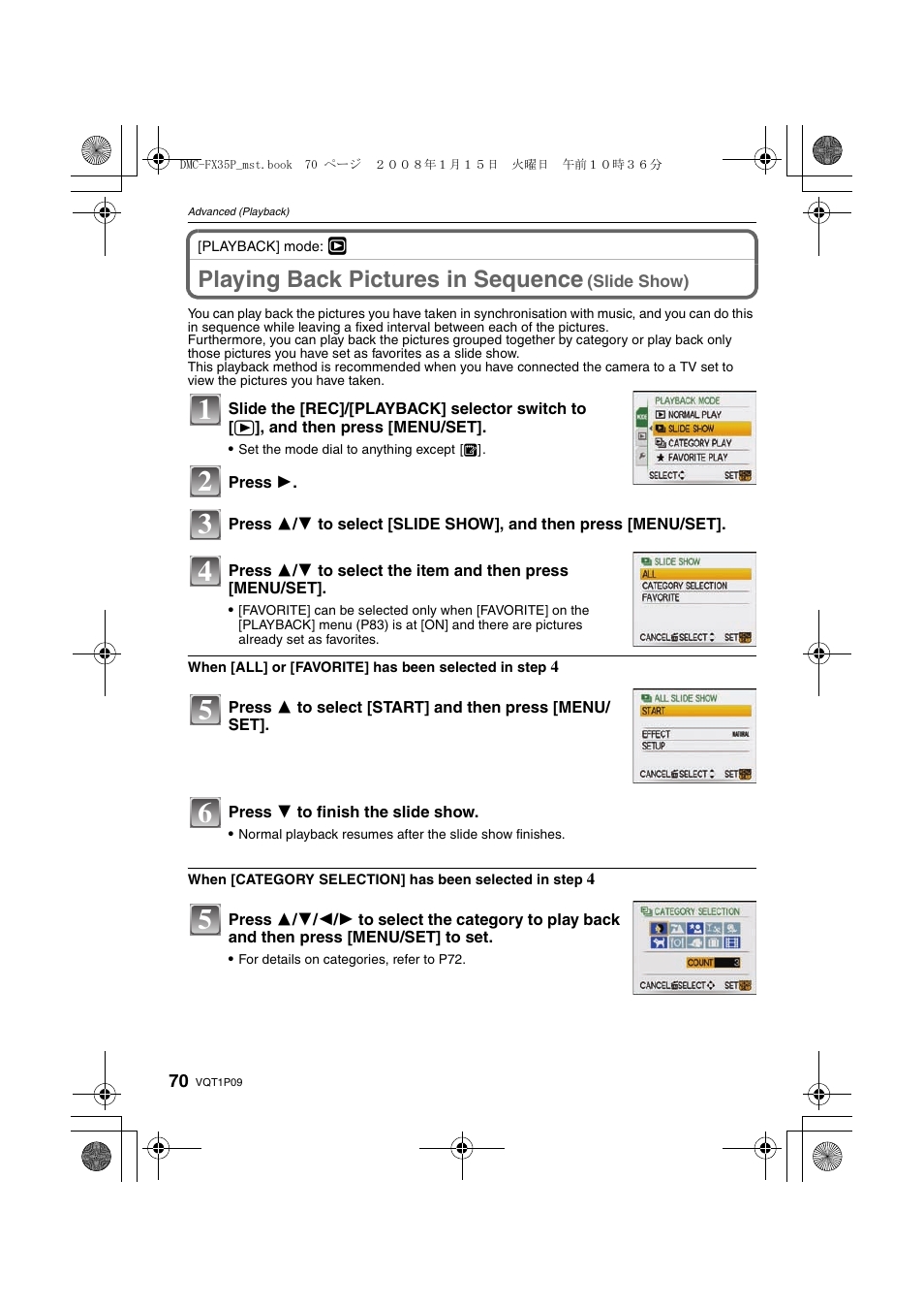 Advanced (playback), Playing back pictures in sequence (slide show), Playing back pictures in sequence | Panasonic DMC-FX35 User Manual | Page 70 / 128