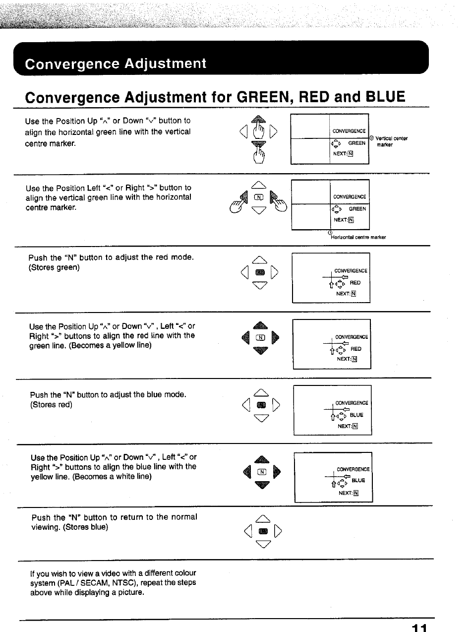 Convergence adjustment, Convergence adjustment for green, red and blue | Panasonic TC-43P15 User Manual | Page 11 / 59