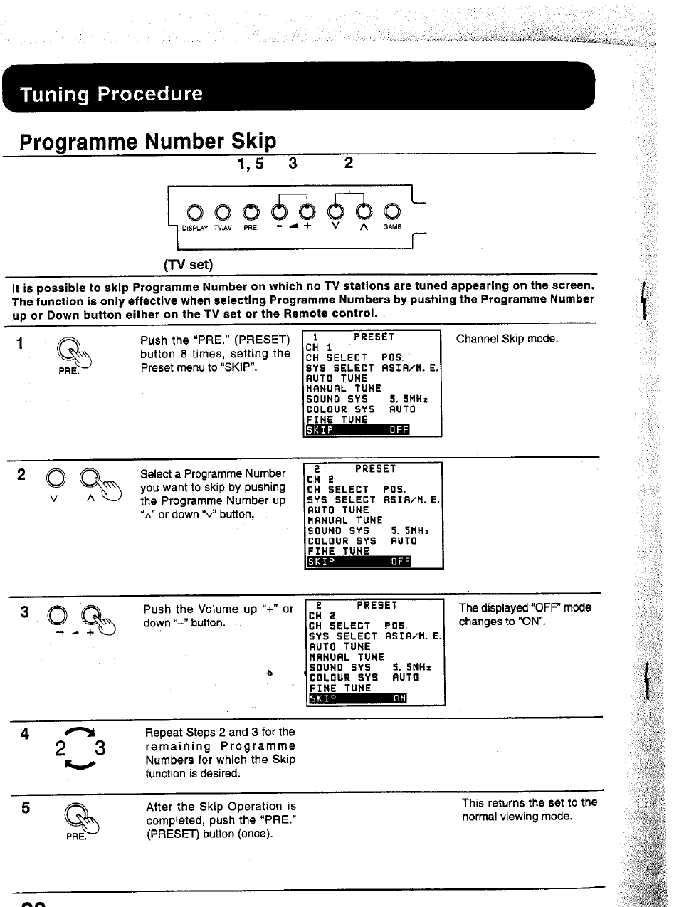 Tv set), Programme number skip, Tuning procedure | Panasonic TC-43P15 User Manual | Page 30 / 59