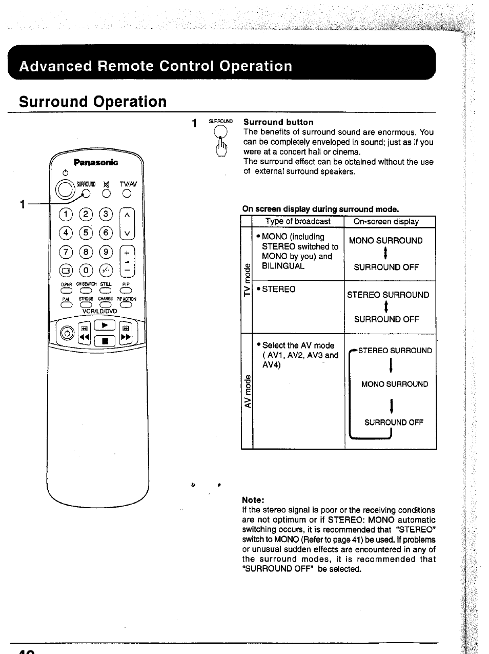 Surround operation, Advanced remote control operation | Panasonic TC-43P15 User Manual | Page 40 / 59