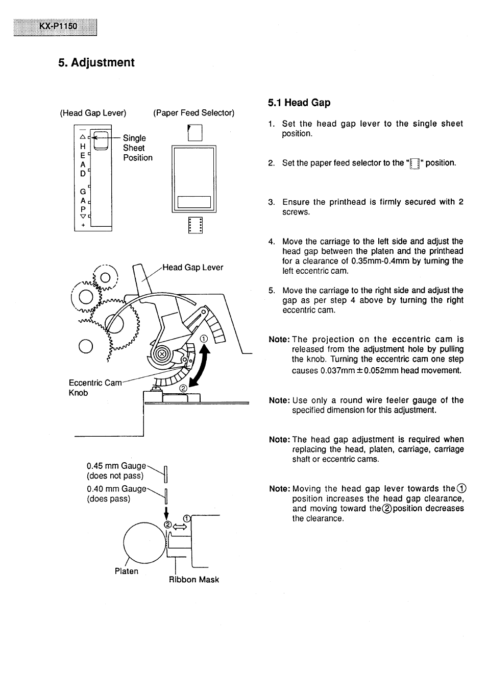 Adjustment, 1 head gap | Panasonic KX-P1150 User Manual | Page 10 / 52