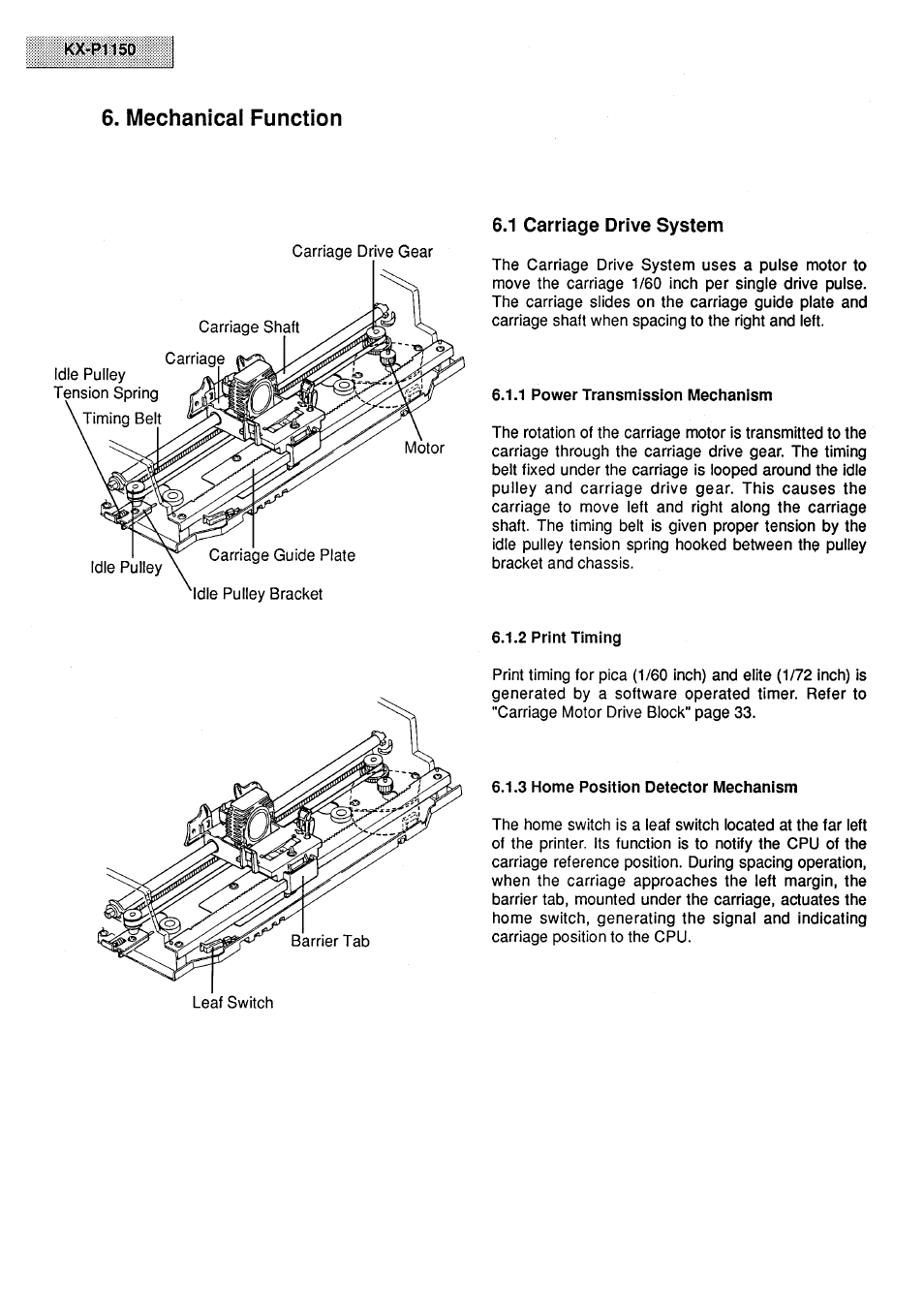 Mechanical function, 1 carriage drive system, 1 power transmission mechanism | 2 print timing, 3 home position detector mechanism | Panasonic KX-P1150 User Manual | Page 12 / 52