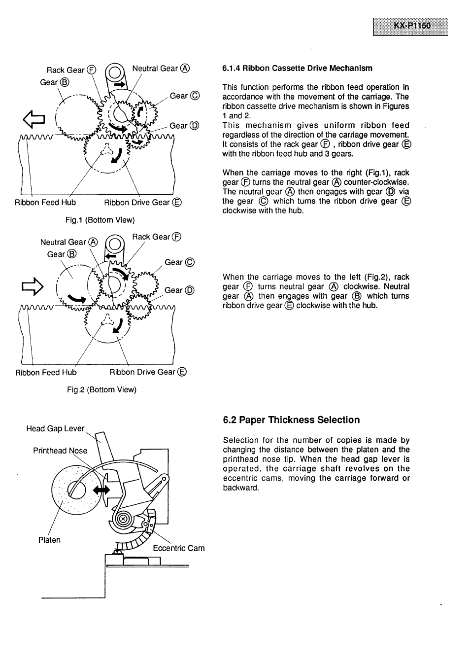 4 ribbon cassette drive mechanism, 2 paper thickness selection | Panasonic KX-P1150 User Manual | Page 13 / 52
