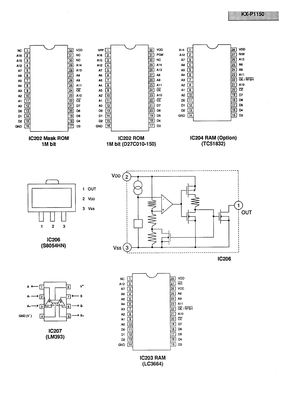 Ic202 mask rom 1mbit, Ic202 rom 1m bit (d27c010«150), Ic204 ram (option) (tc51832) | S8054hn), Ic207 | Panasonic KX-P1150 User Manual | Page 39 / 52