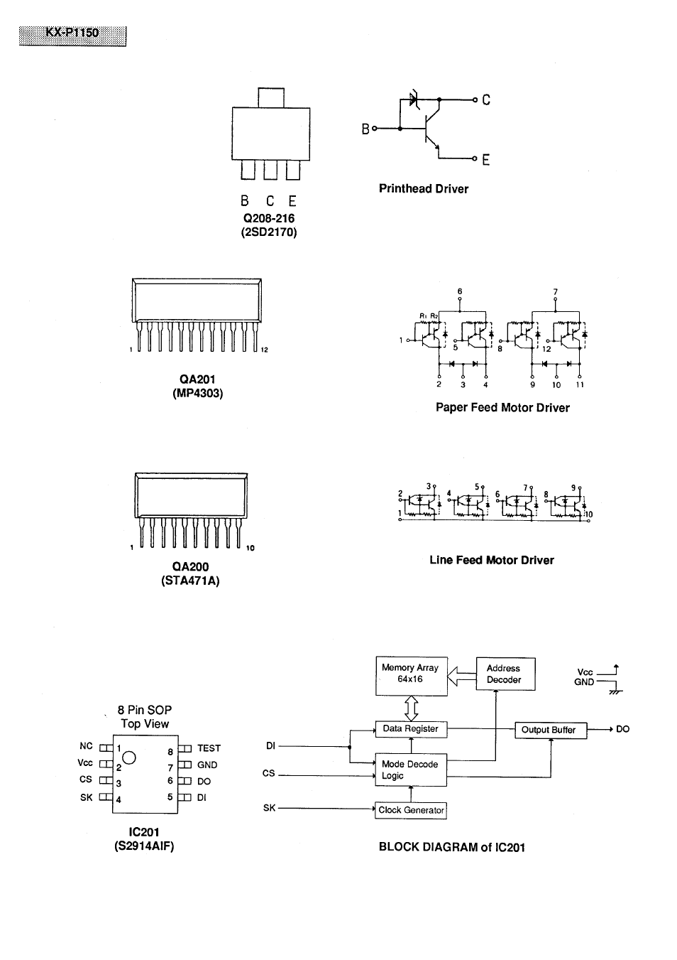 Printhead driver, Qa201, Qa200 | Line feed motor driver, Ic201, Block diagram of ic201 | Panasonic KX-P1150 User Manual | Page 40 / 52