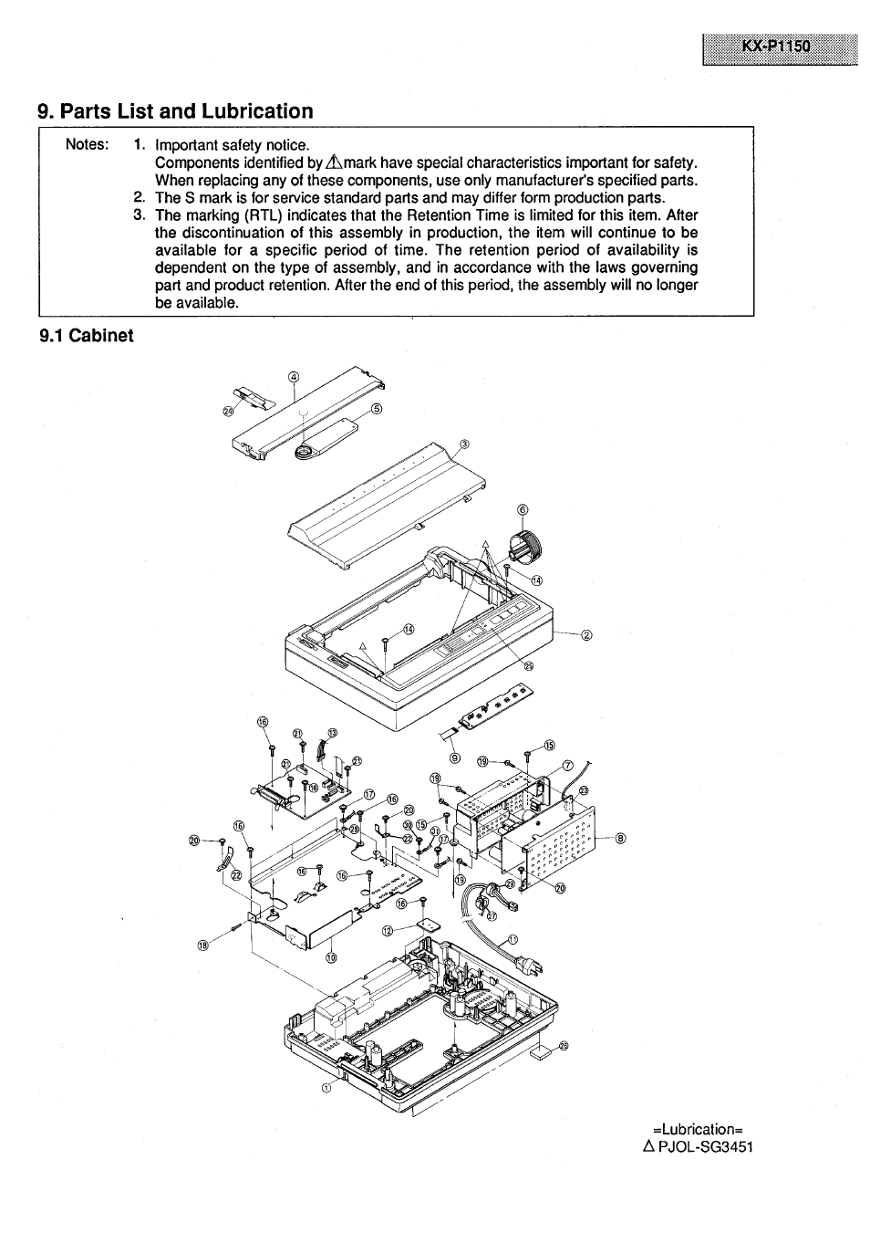 Parts list and lubrication, 1 cabinet | Panasonic KX-P1150 User Manual | Page 49 / 52
