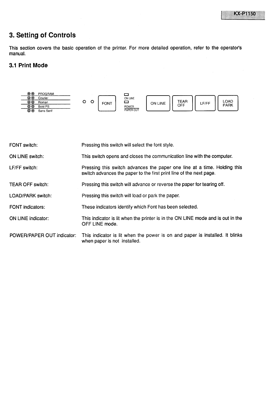 Setting of controls, 1 print mode, Kx-pllsq | Panasonic KX-P1150 User Manual | Page 5 / 52