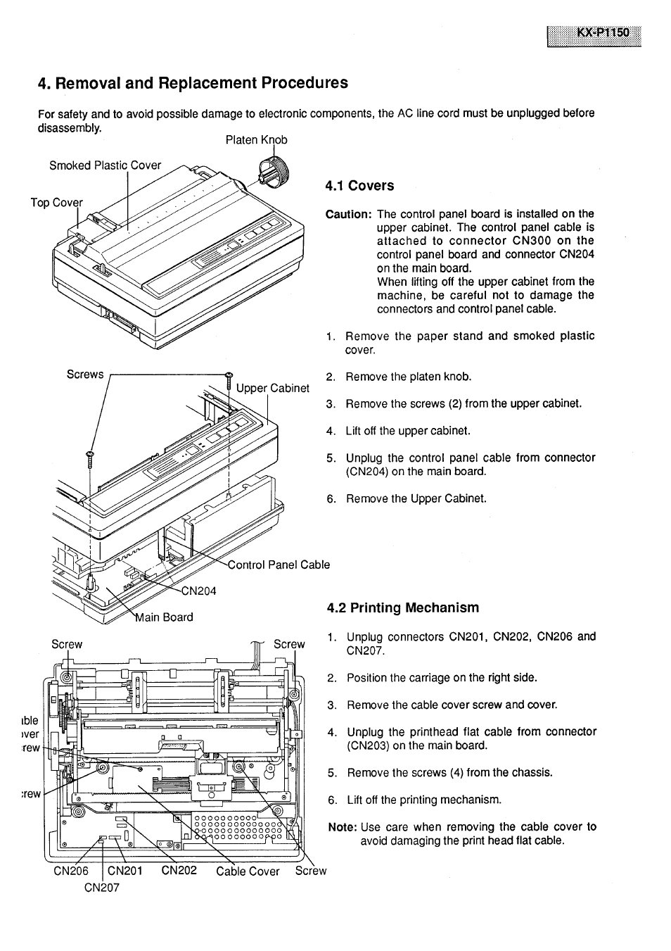 Removal and replacement procedures, 1 covers, 2 printing mechanism | Panasonic KX-P1150 User Manual | Page 7 / 52