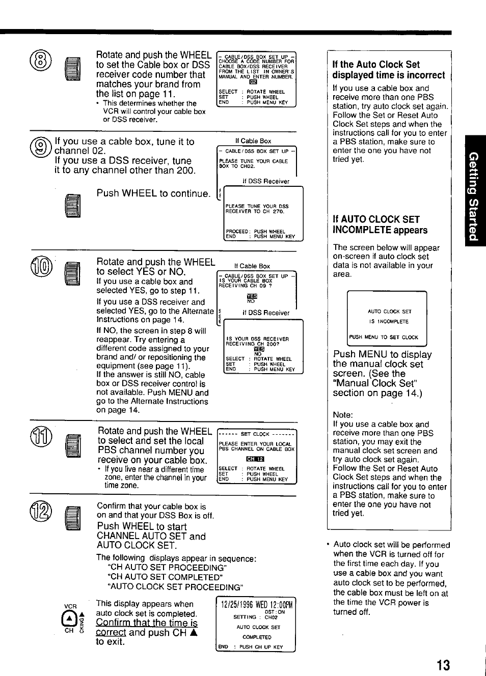 If the auto clock set displayed time is incorrect, If auto clock set incomplete appears, Rotate and push the wheel to select yes or no | Push wheel to, Channel auto set and auto clock set | Panasonic PV-4664 User Manual | Page 13 / 40