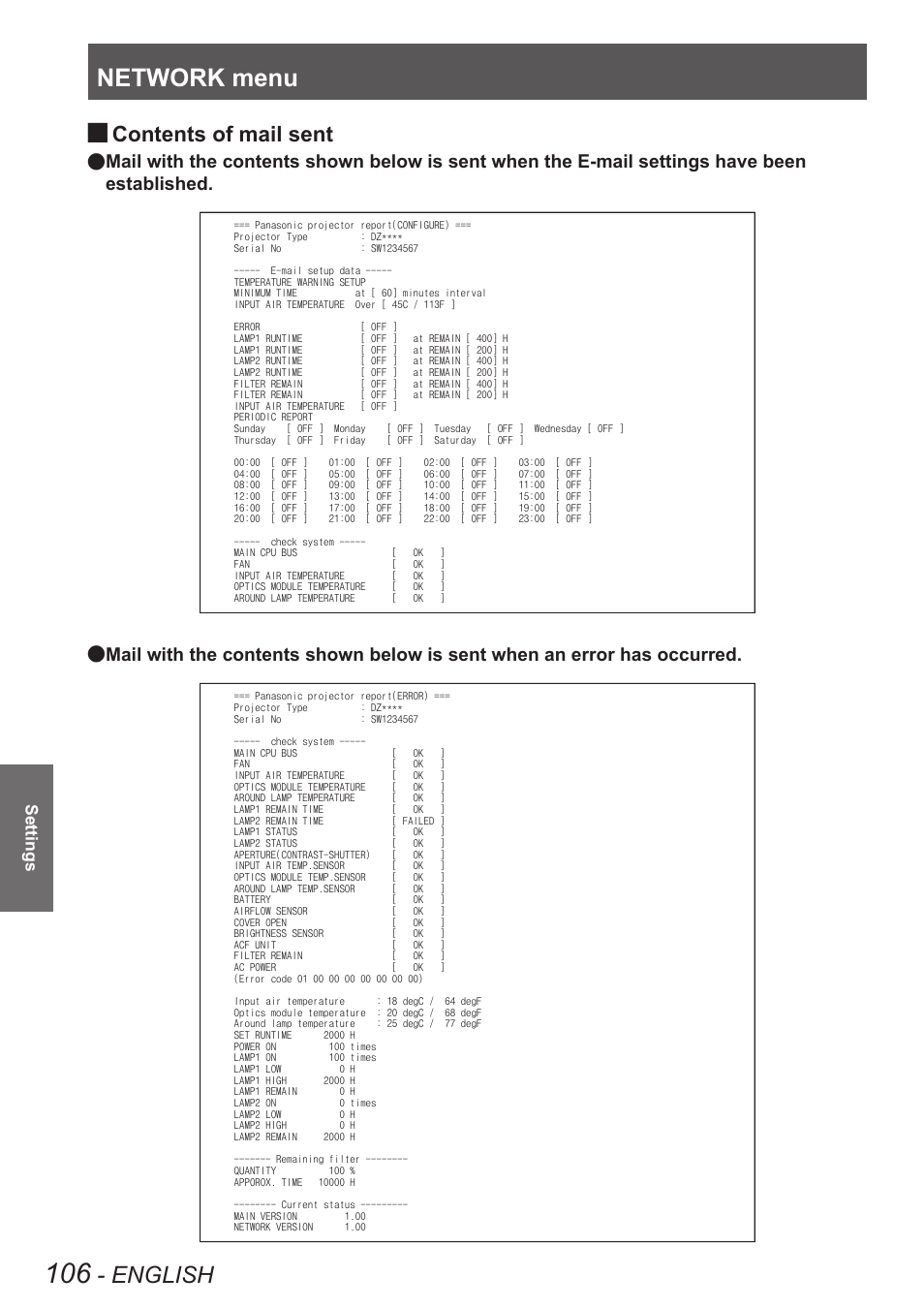 Network menu, English, Contents of mail sent | Panasonic PT-DW90XE User Manual | Page 106 / 130
