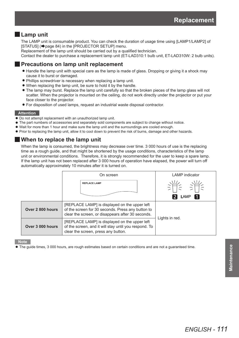 Replacement, English, Lamp unit | Precautions on lamp unit replacement, When to replace the lamp unit | Panasonic PT-DW90XE User Manual | Page 111 / 130