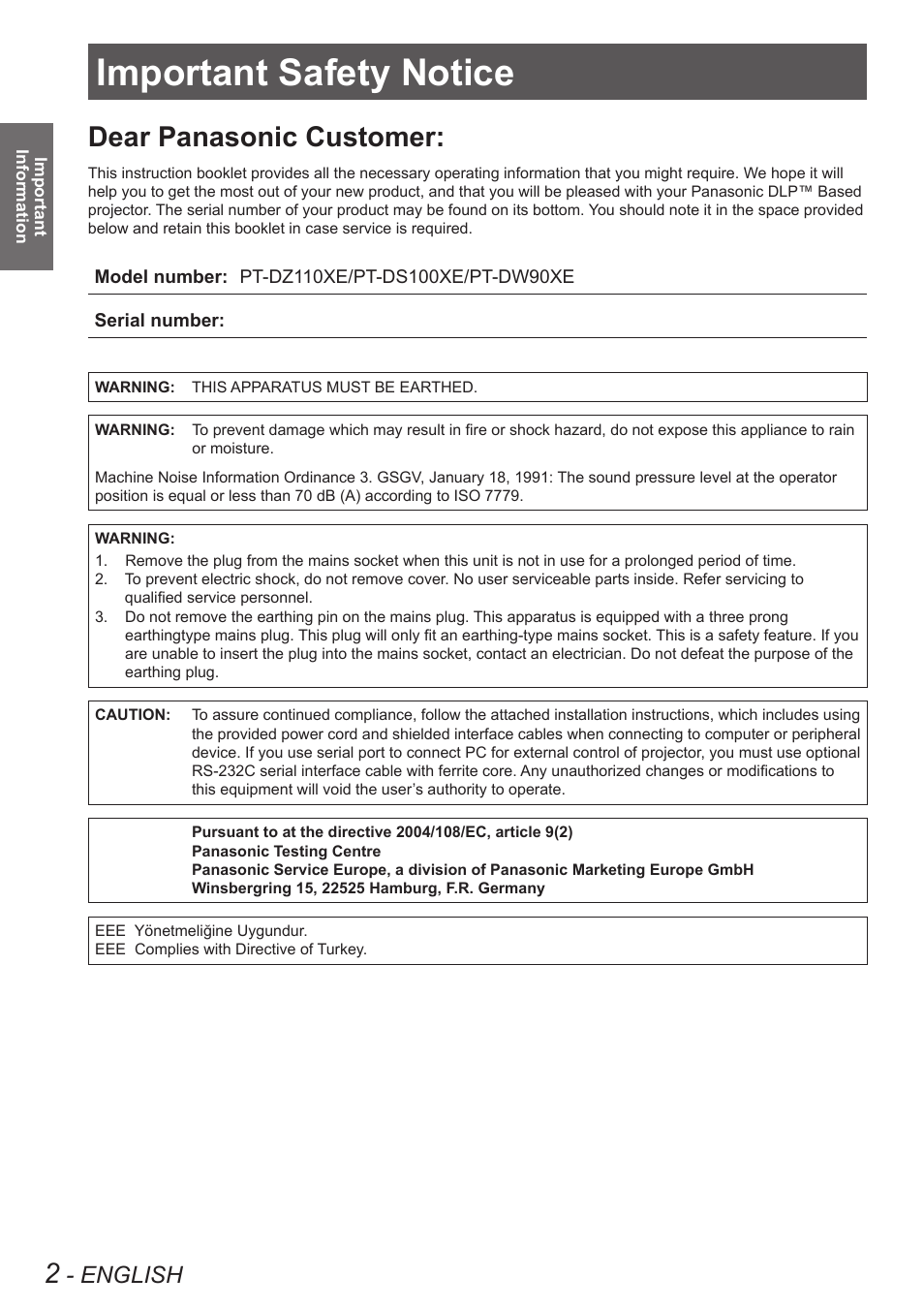 Important information, Important safety notice, Dear panasonic customer | English | Panasonic PT-DW90XE User Manual | Page 2 / 130