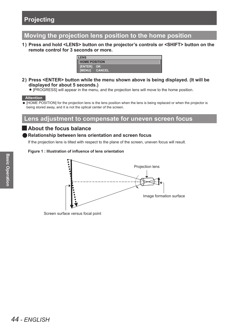 Moving the projection lens position to the home, Position, Lens adjustment to compensate for uneven | Screen focus, Projecting, English, About the focus balance | Panasonic PT-DW90XE User Manual | Page 44 / 130