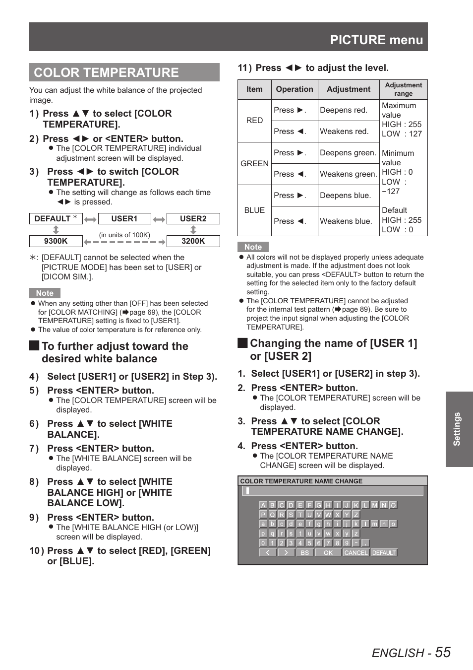 Color temperature, Picture menu, English | Desired white balance, Changing the name of [user 1, Or [user 2 | Panasonic PT-DW90XE User Manual | Page 55 / 130