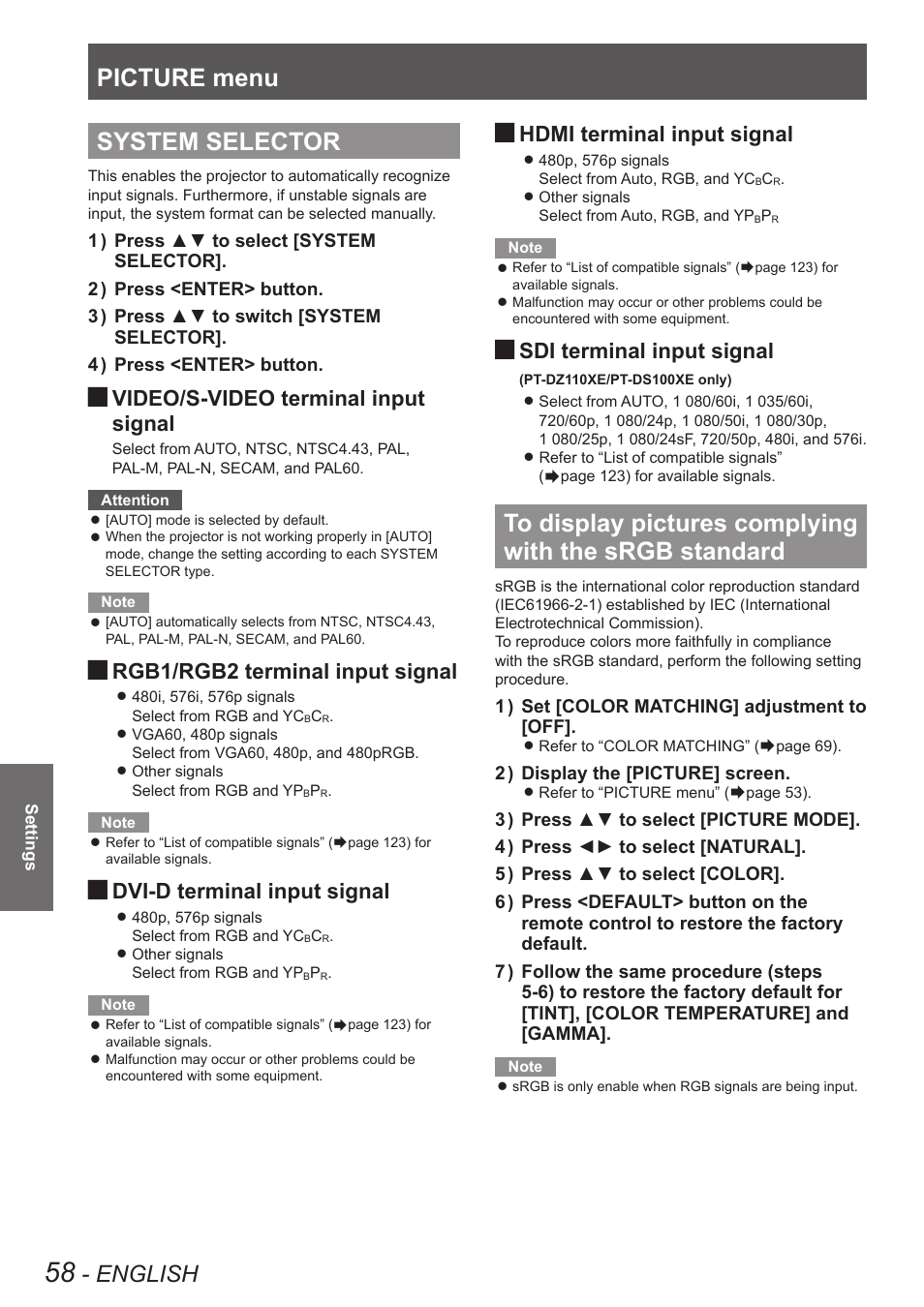 System selector, To display pictures complying with the srgb, Standard | Picture menu, English, Video/s-video terminal input, Signal, Rgb1/rgb2 terminal input signal, Dvi-d terminal input signal, Hdmi terminal input signal | Panasonic PT-DW90XE User Manual | Page 58 / 130