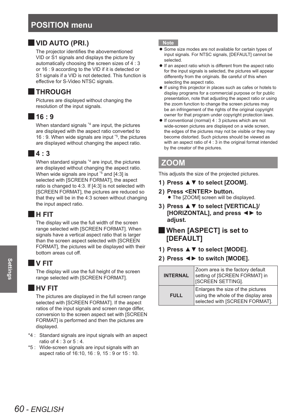 Zoom, Position menu, English | Vid auto (pri.), Through, H fit, V fit, Hv fit, When [aspect] is set to, Default | Panasonic PT-DW90XE User Manual | Page 60 / 130
