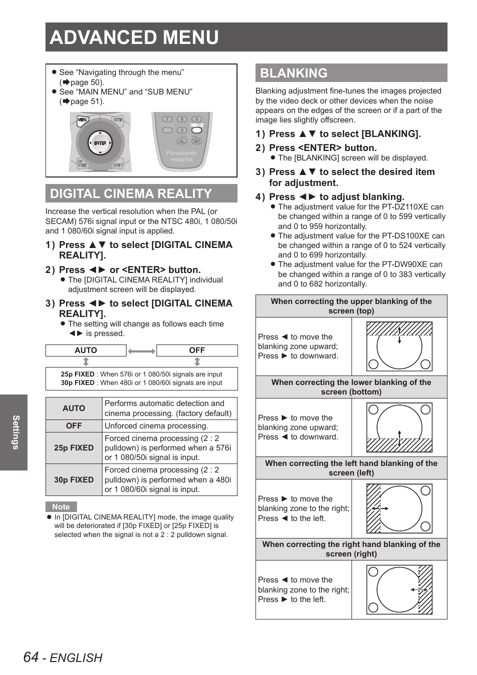 Advanced menu, Digital cinema reality, Blanking | Digital cinema reality blanking, English | Panasonic PT-DW90XE User Manual | Page 64 / 130