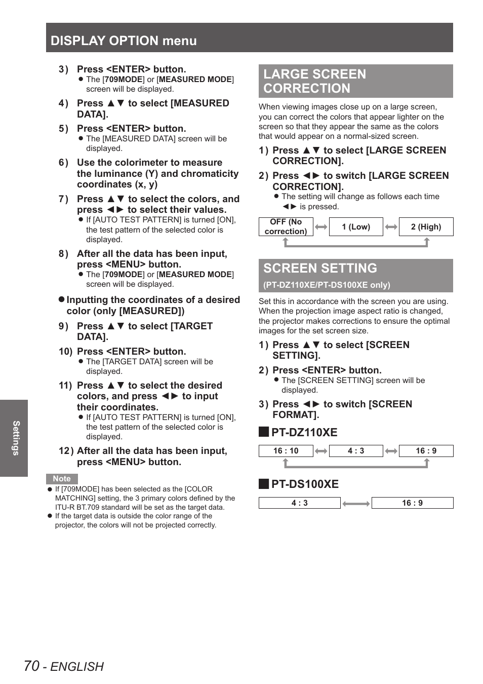 Large screen correction, Screen setting (pt-dz110xe/pt-ds100xe only), Display option menu | Screen setting, English, Pt-dz110xe, Pt-ds100xe | Panasonic PT-DW90XE User Manual | Page 70 / 130
