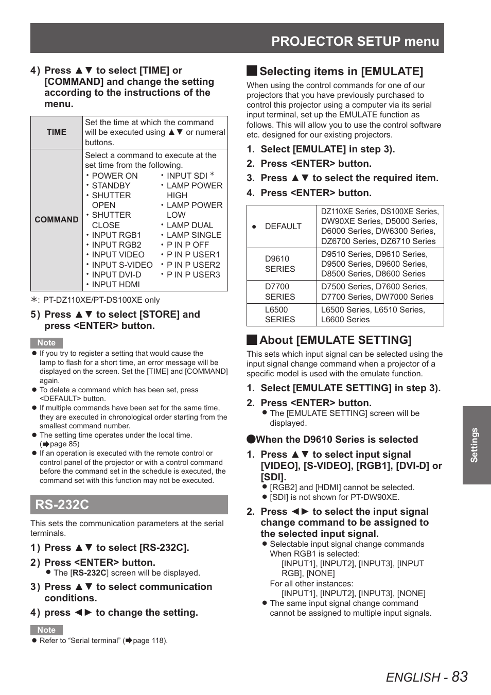 Rs-232c, Projector setup menu, English | Selecting items in [emulate, About [emulate setting | Panasonic PT-DW90XE User Manual | Page 83 / 130