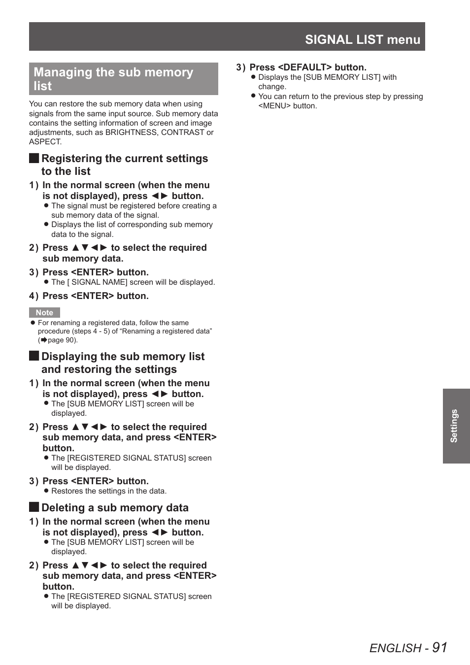 Managing the sub memory list, Signal list menu, English | Registering the current settings | Panasonic PT-DW90XE User Manual | Page 91 / 130