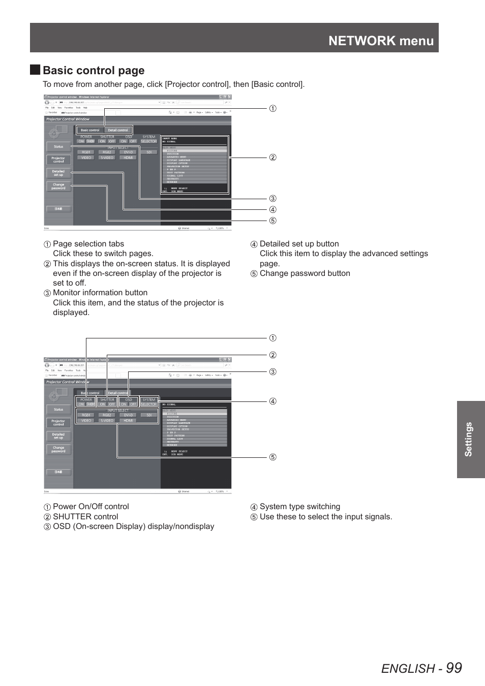 Network menu, English, Basic control page | Panasonic PT-DW90XE User Manual | Page 99 / 130