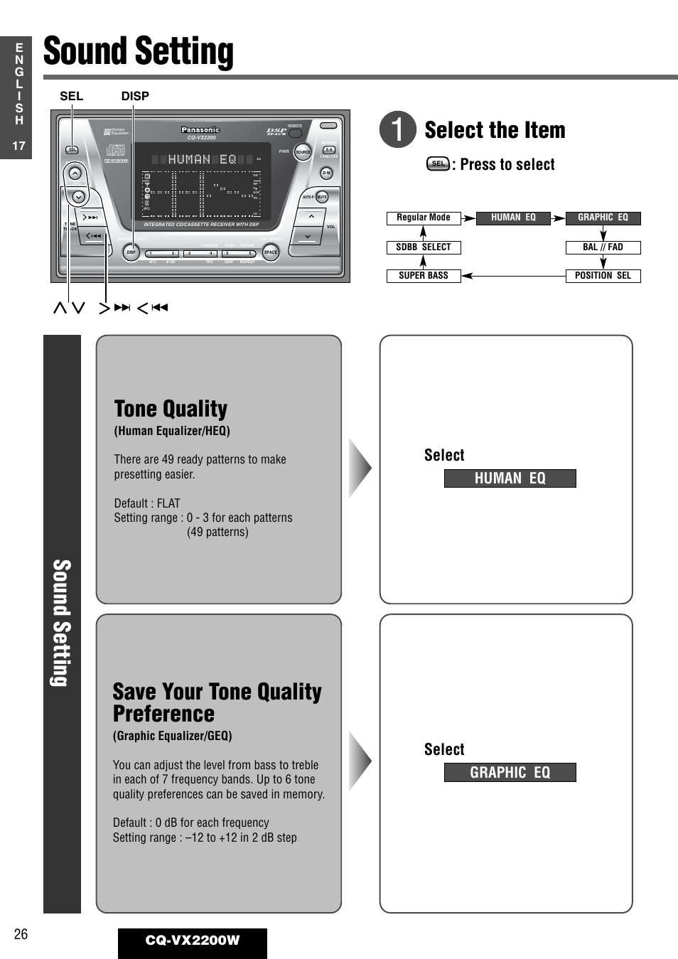 Tone quality, Sound setting, Save your tone quality preference | Select the item, Press to select, Select, Human eq, Graphic eq, Human eq 26, Cq-vx2200w | Panasonic CQ-VX2200W User Manual | Page 20 / 40