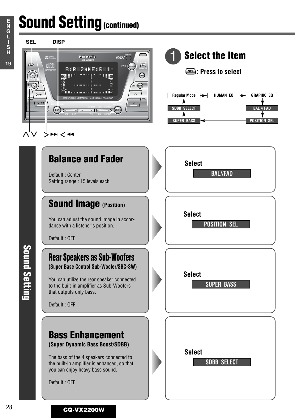 Sound setting, Rear speakers as sub-woofers, Bass enhancement | Sound image, Select the item, Balance and fader, Continued), Select, Press to select, Super bass | Panasonic CQ-VX2200W User Manual | Page 22 / 40