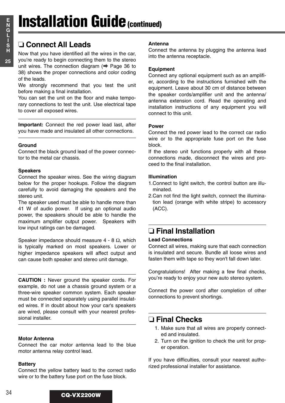 Installation guide, Connect all leads, Continued) | Final installation, Final checks | Panasonic CQ-VX2200W User Manual | Page 28 / 40