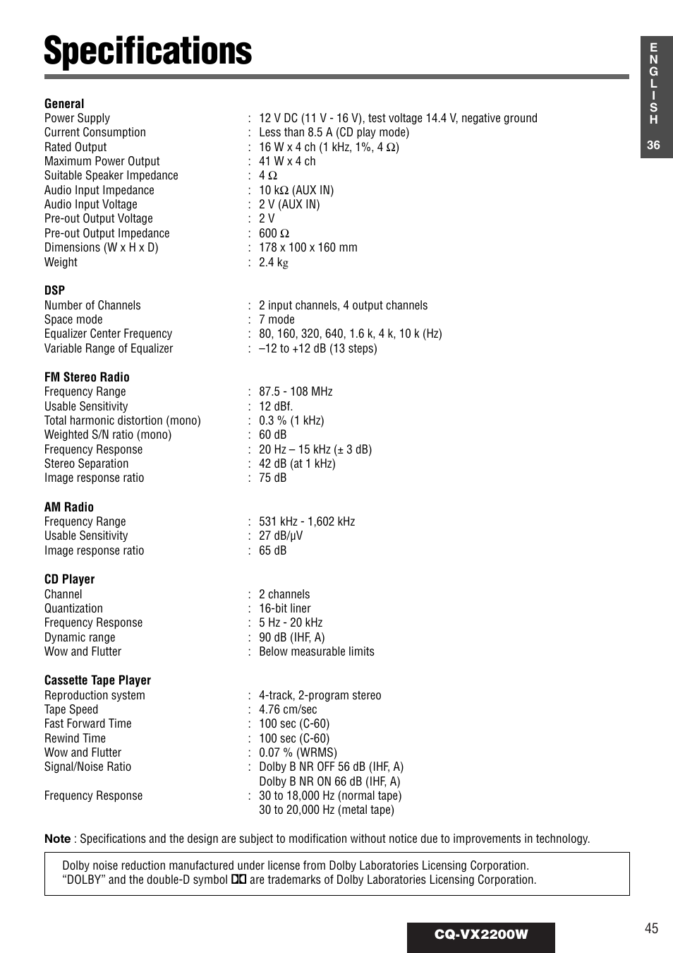 Specifications | Panasonic CQ-VX2200W User Manual | Page 39 / 40