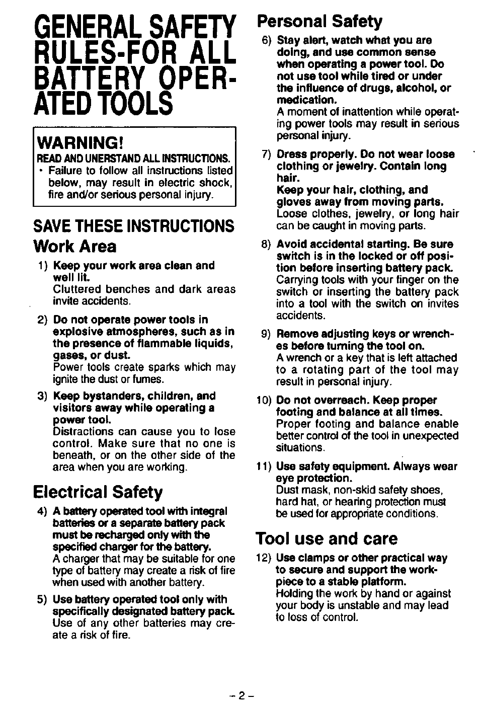 Save these instructions work area, Electrical safety, Personal safety | Tool use and care, Warning | Panasonic EY6406 User Manual | Page 2 / 11