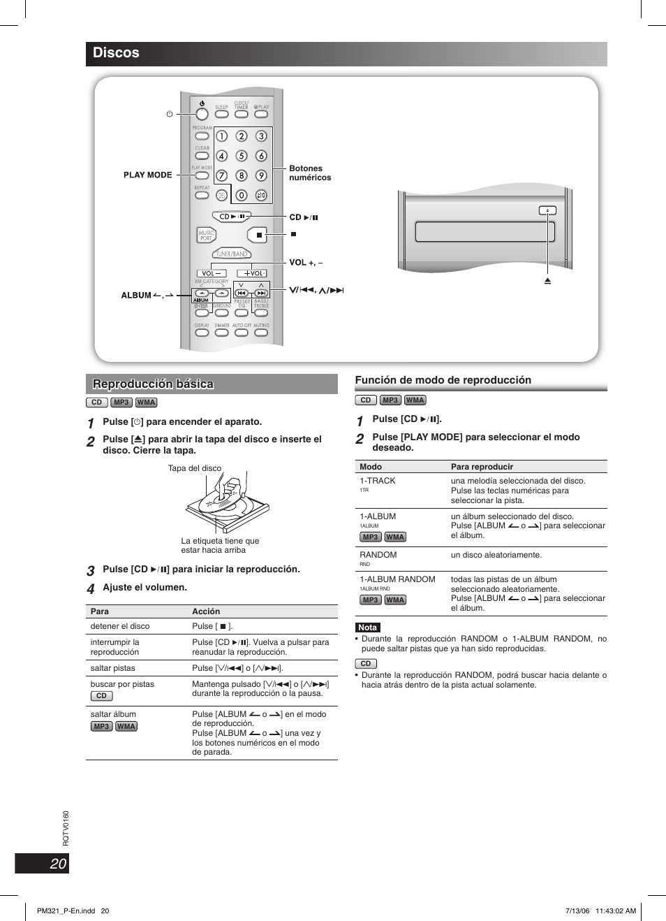 Discos, Reproducción básica | Panasonic SC-PM321 User Manual | Page 20 / 24