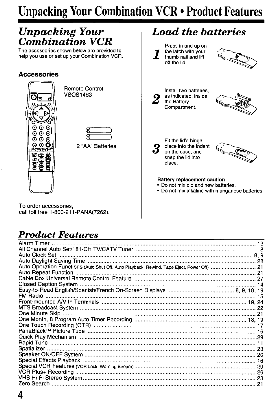 Unpacking your combination vcr • product features, Accessories, Unpacking your combination vcr | Load the batteries, Product features | Panasonic PV-M2768 User Manual | Page 4 / 36