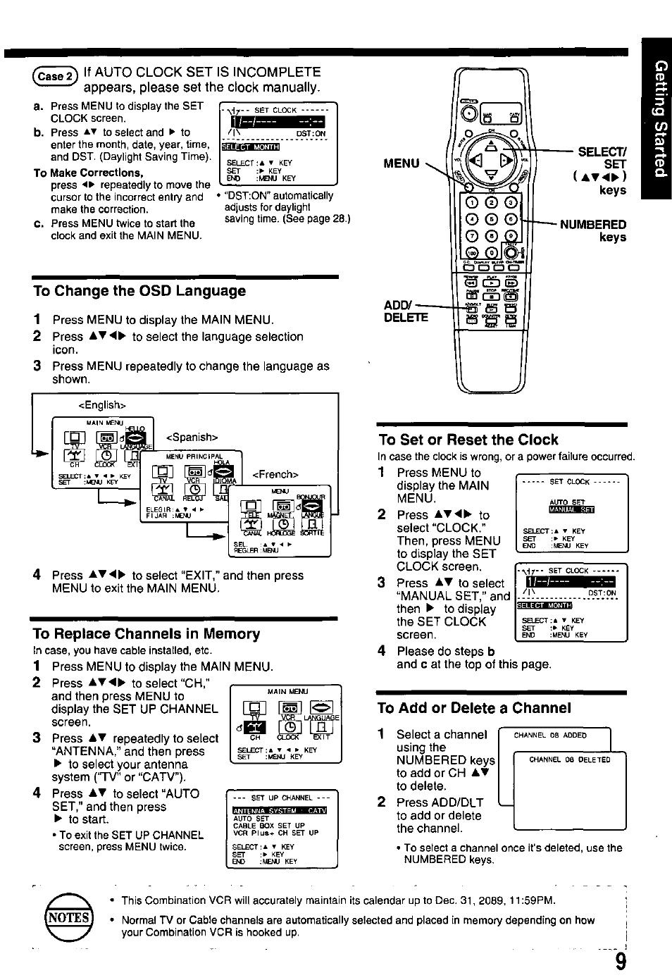 To change the osd language, To replace channels in memory, To set or reset the clock | To add or delete a channel | Panasonic PV-M2768 User Manual | Page 9 / 36