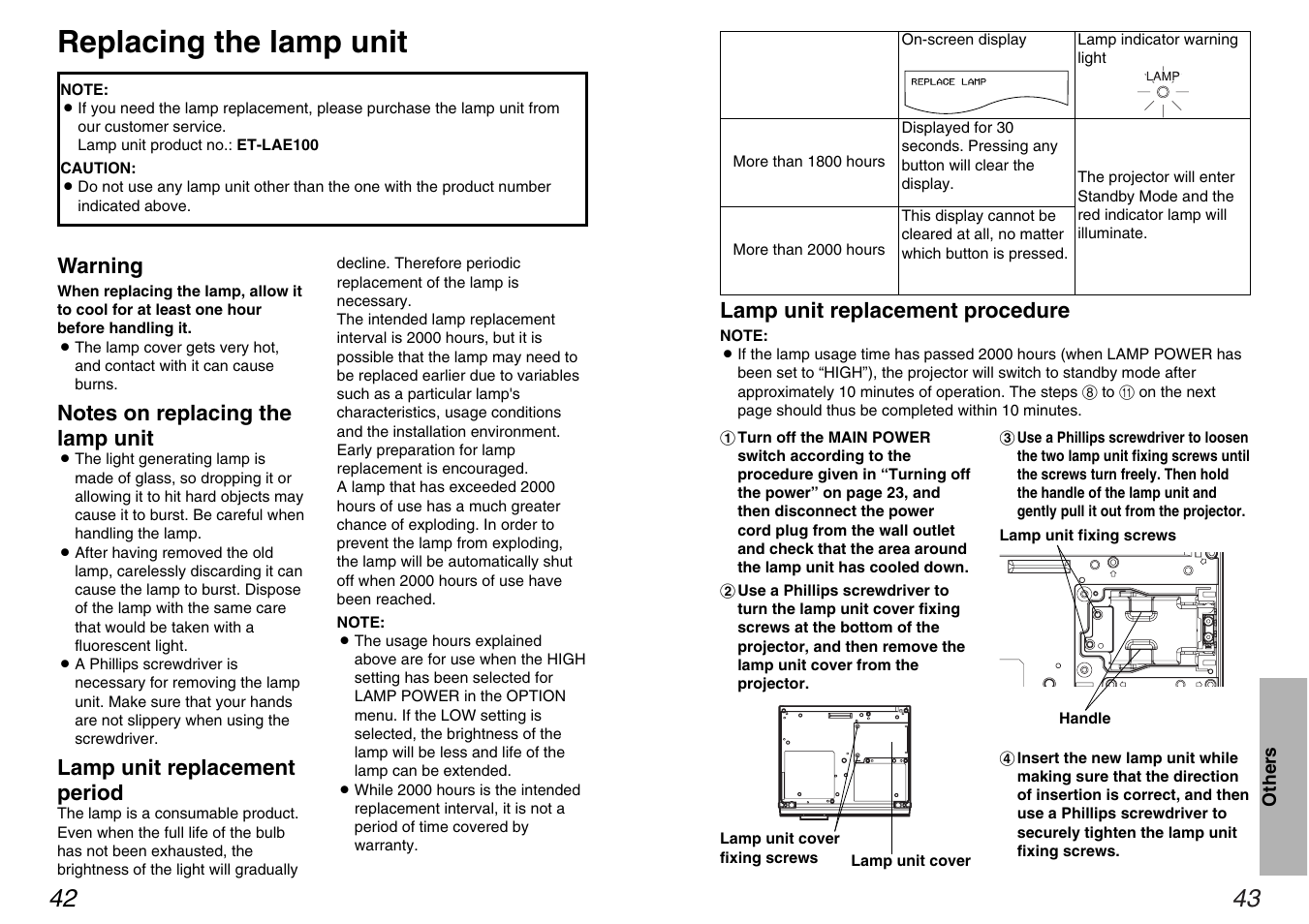 Replacing the lamp unit | Panasonic PT-AE100U User Manual | Page 22 / 27