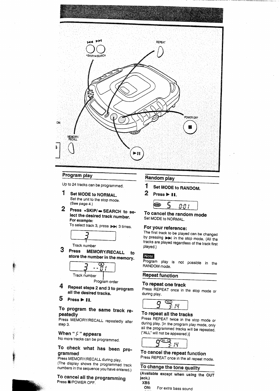 Program play, Random play, To cancel the random mode | For your reference, Repeat function to repeat one track, To program the same track repeatedly, When “ f ” appears, To check what has been programmed, To cancel all the programming, To repeat all the tracks | Panasonic SL-SW404 User Manual | Page 6 / 13