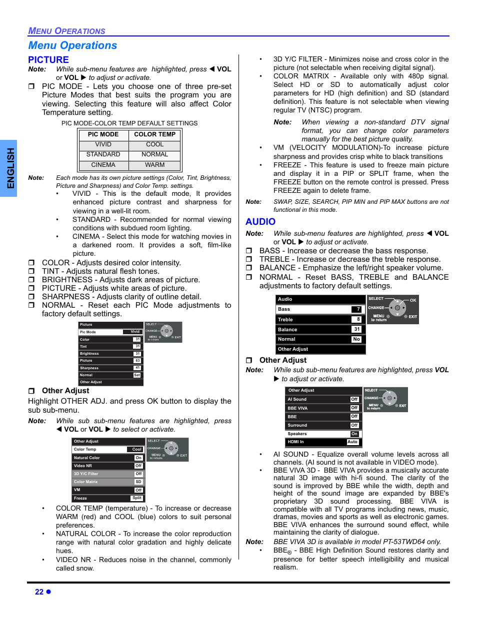 Menu operations, Picture, Audio | English | Panasonic PT 53TWD64 User Manual | Page 24 / 88