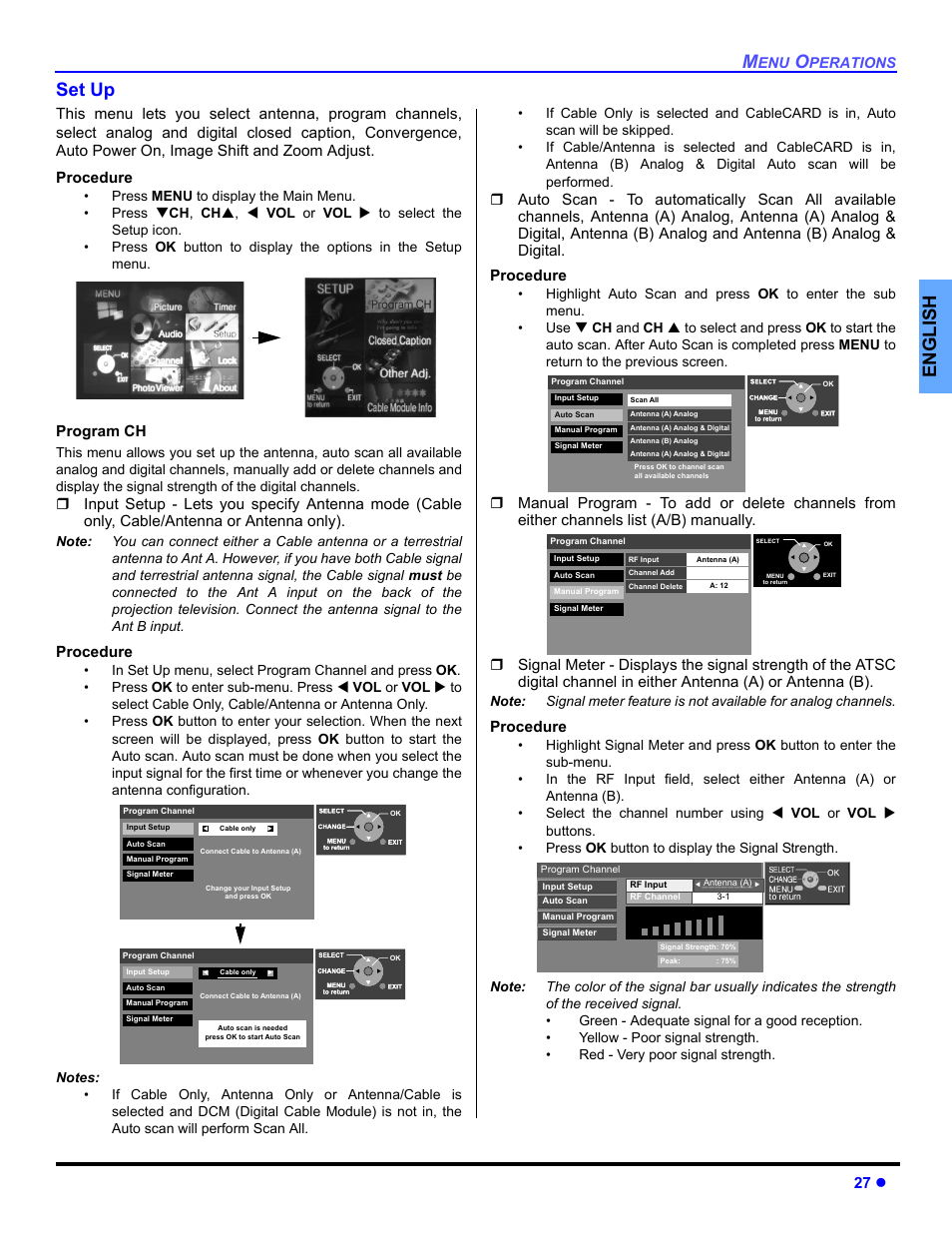 Set up, English set up, 27 z | Program ch, Procedure | Panasonic PT 53TWD64 User Manual | Page 29 / 88