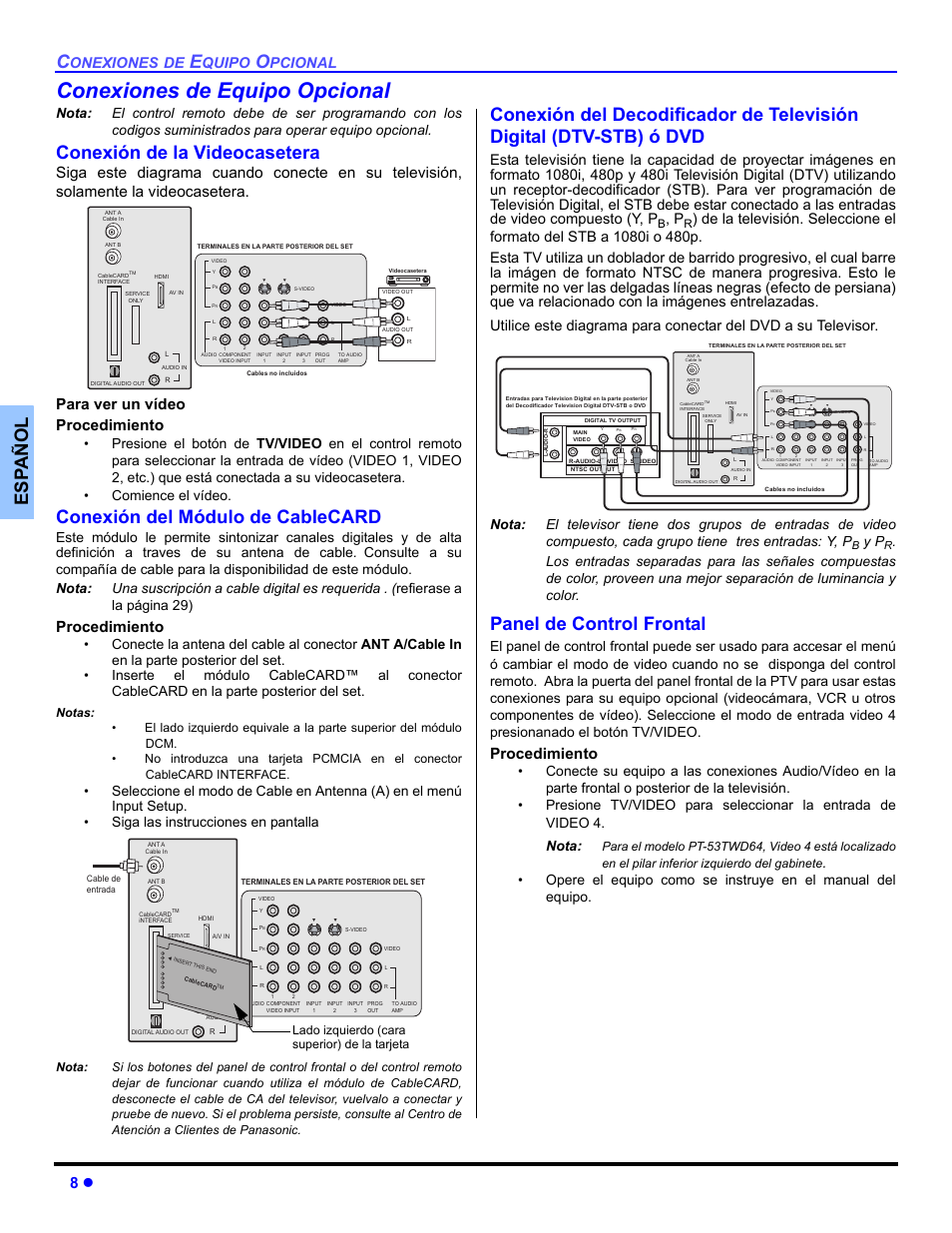 Conexiones de equipo opcional, Conexion de la vidercastera, Conexion del modulo de cablecard | Conexion del decodificador de television digital, Panel de control frontal, Es p añol, Conexión de la videocasetera, Conexión del módulo de cablecard, Procedimiento, Onexiones | Panasonic PT 53TWD64 User Manual | Page 48 / 88