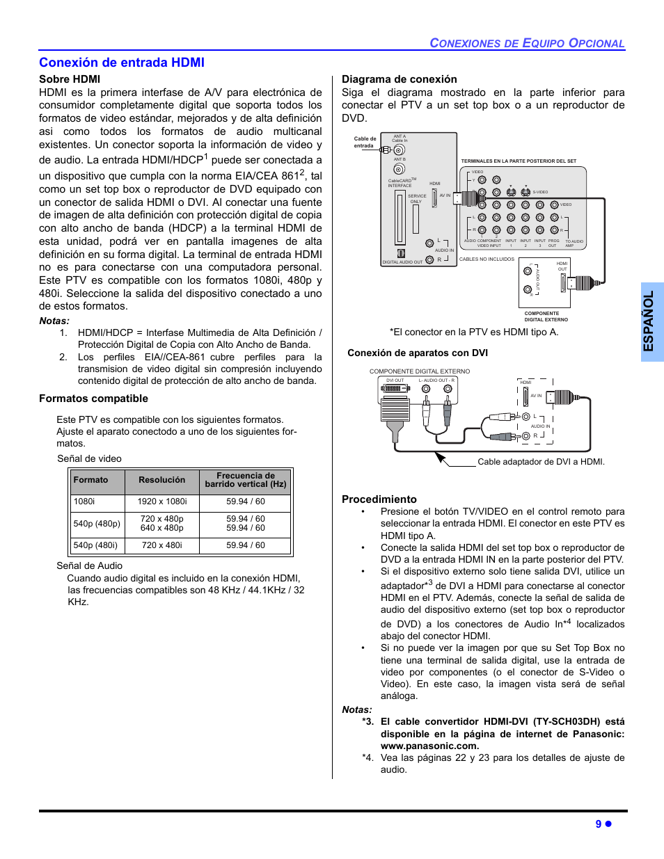 Conexion de entrada hdmi, Es p añol conexión de entrada hdmi, Onexiones | Quipo, Pcional | Panasonic PT 53TWD64 User Manual | Page 49 / 88