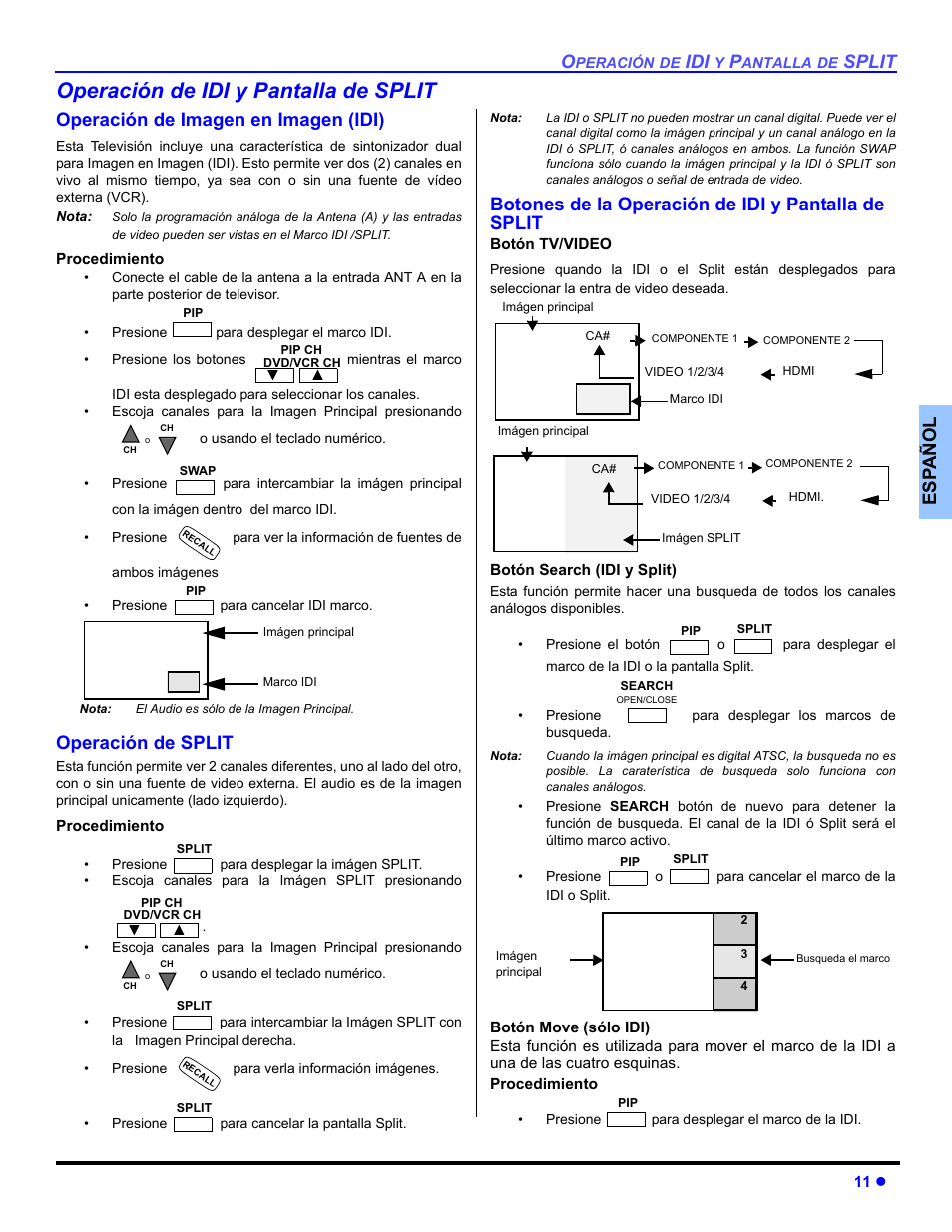 Operacion de idi y pantalla de split, Operacion de idi, Operacion de split | Botones de la operacion de idi y pantalla de split, Boton tv / video, Boton de search, Boton de move, Operación de idi y pantalla de split, Split, Es p añol | Panasonic PT 53TWD64 User Manual | Page 51 / 88