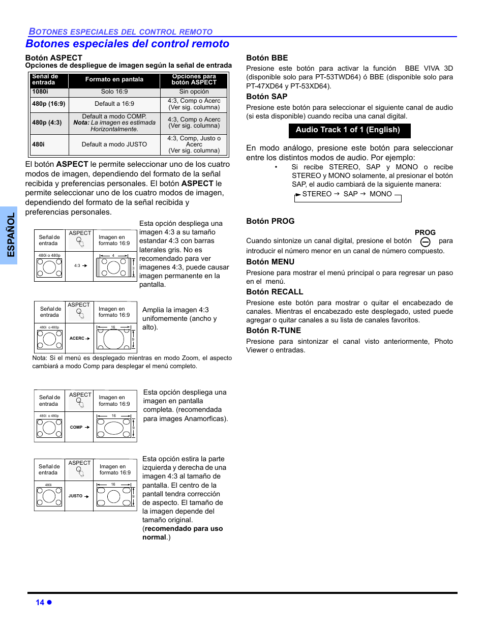 Botones especiales del control remoto, Es p añol | Panasonic PT 53TWD64 User Manual | Page 54 / 88