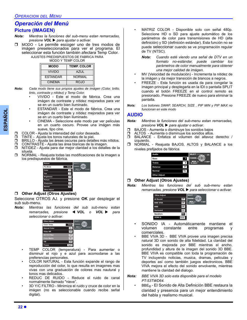 Operacion del menu, Imagen, Audio | Operación del menú, Es p añol, Picture (imagen) | Panasonic PT 53TWD64 User Manual | Page 62 / 88