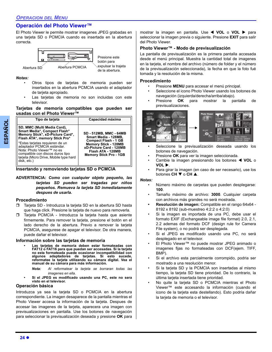 Operacion del photo viewer, Es p añol operación del photo viewer | Panasonic PT 53TWD64 User Manual | Page 64 / 88