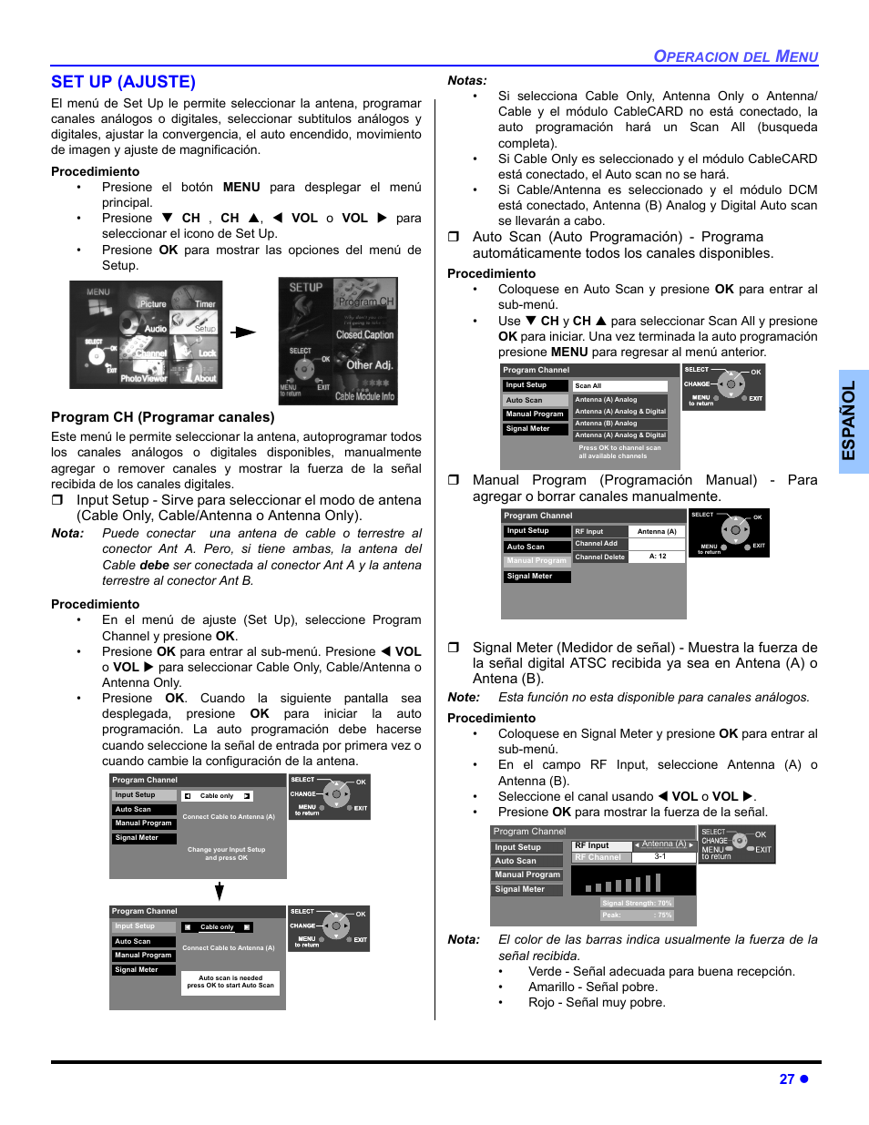 Ajuste, Es p añol set up (ajuste), 27 z | Program ch (programar canales) | Panasonic PT 53TWD64 User Manual | Page 67 / 88