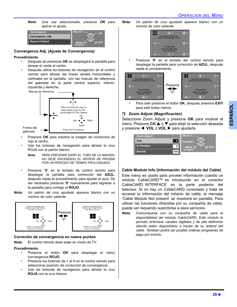 Es p añol, 29 z, Convergence adj. (ajuste de convergencia) | Correción de convergencia en nueve puntos, Peracion, Presione “0 | Panasonic PT 53TWD64 User Manual | Page 69 / 88