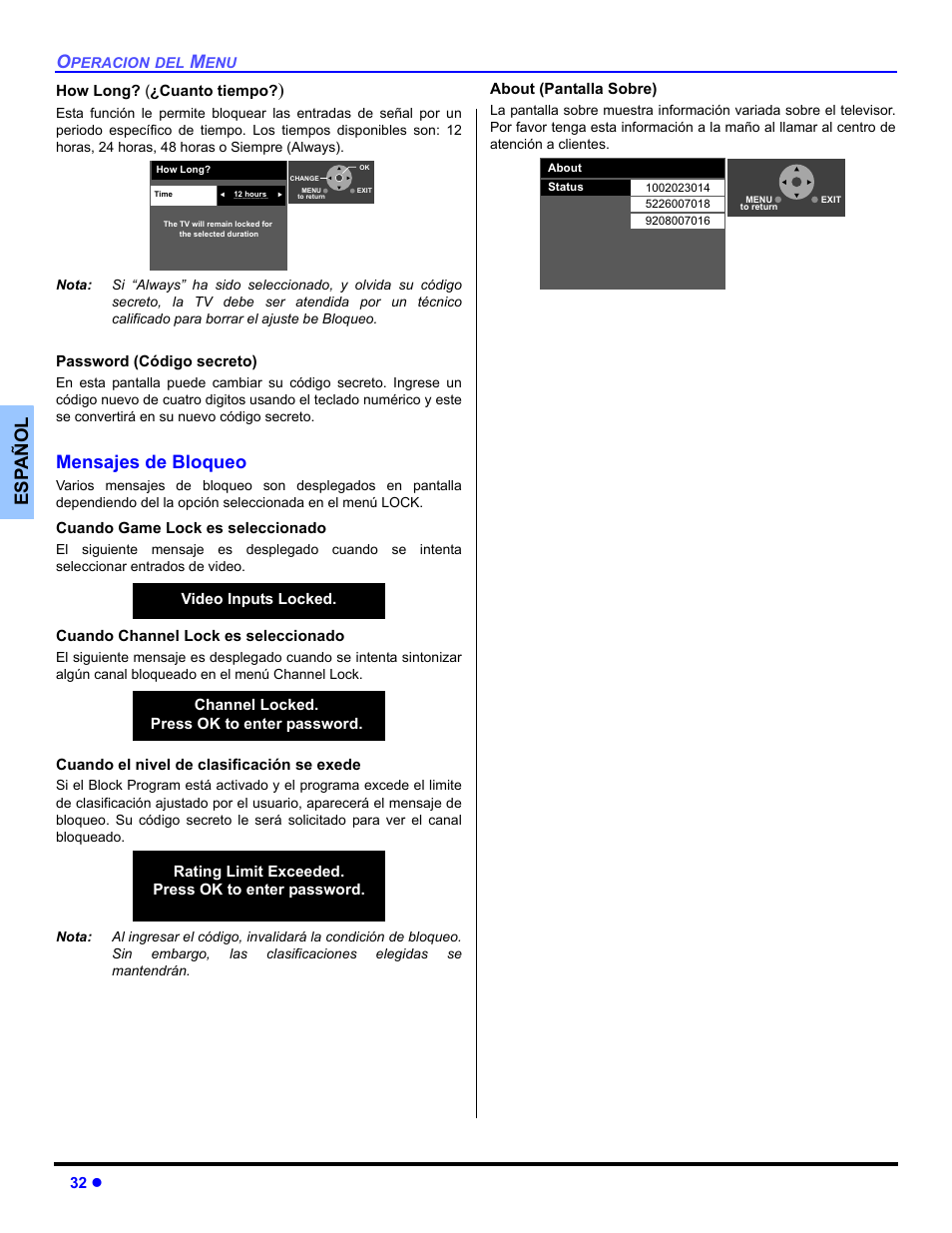 Es p añol, Mensajes de bloqueo | Panasonic PT 53TWD64 User Manual | Page 72 / 88