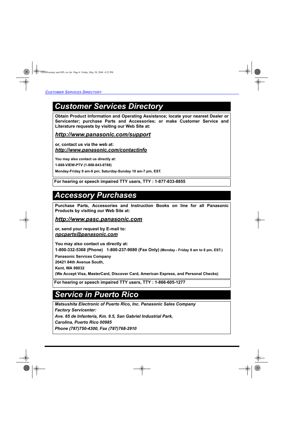 Service in puerto rico, Accessory purchases, Customer services directory | Panasonic PT 53TWD64 User Manual | Page 80 / 88