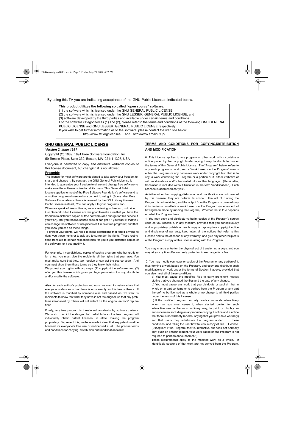 Gnu general public license | Panasonic PT 53TWD64 User Manual | Page 81 / 88