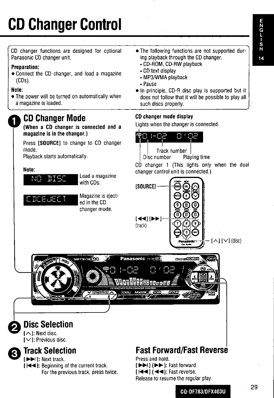 Cd changer control, Cd changer mode, Disc selection | Track selection, Fast forward/fast reverse | Panasonic CQ-DF783U User Manual | Page 29 / 136