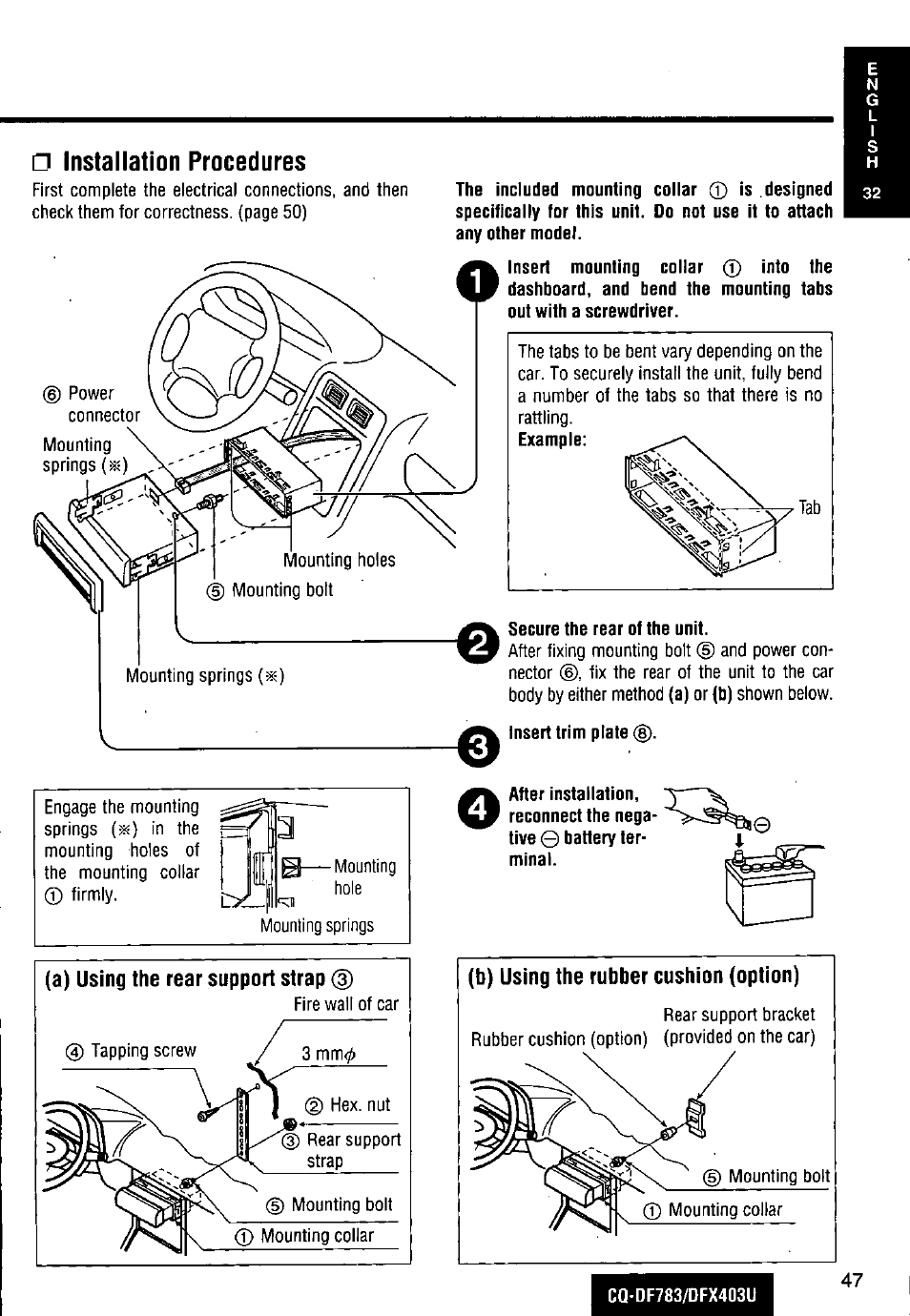 A) using the rear support strap, Secure the rear of the unit, Insert trim plate 0 | B) using the rubber cushion (option), Installation procedures | Panasonic CQ-DF783U User Manual | Page 47 / 136